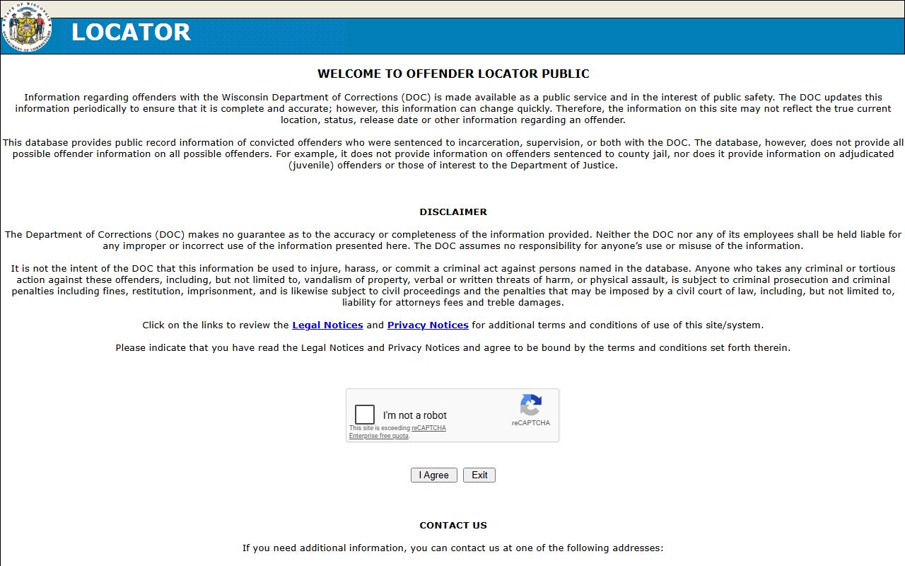 Wisconsin DOC locator for sentenced offenders separate from Clark County jail mugshots